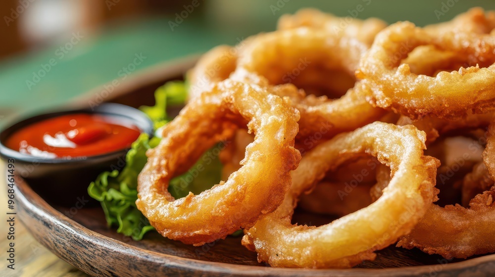 Close-up of onion rings on a rustic plate, crispy edges highlighted, with a side of spicy dipping sauce, crispy fried onion rings, delicious appetizer, food styling Close-up of onion rings on a rustic plate, crispy edges highlighted, with a side of spicy dipping sauce, crispy fried onion rings, delicious appetizer, food styling