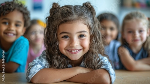 Happy Little Girl Smiling at Camera in Classroom with Friends