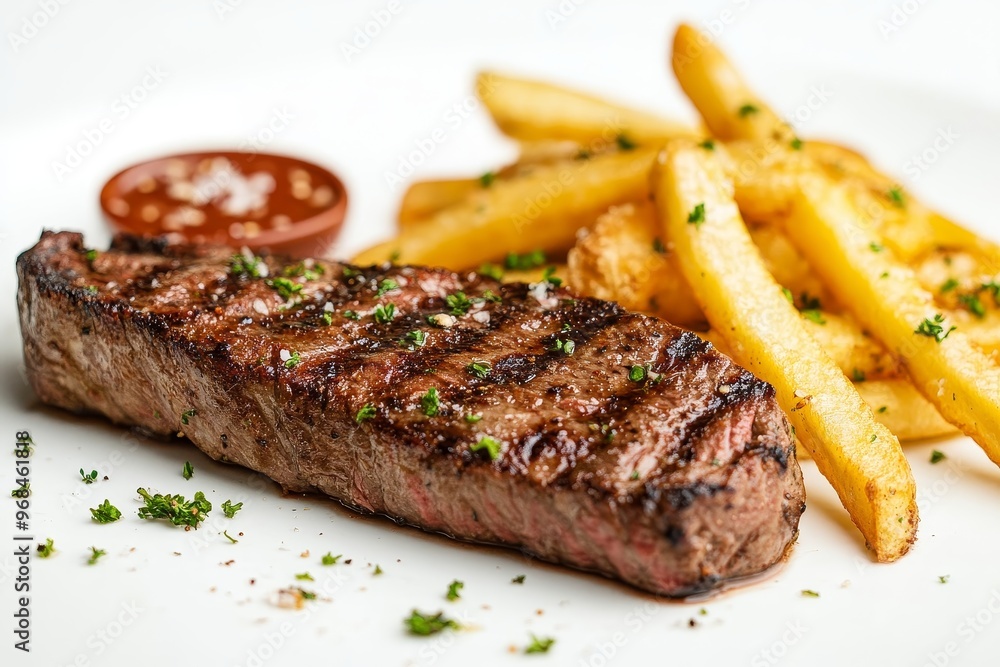 A perfectly grilled steak, seared to a delicious golden brown, rests on a bed of crispy golden french fries. The steak is garnished with fresh parsley, and a side of dipping sauce adds a burst of flav A perfectly grilled steak, seared to a delicious golden brown, rests on a bed of crispy golden french fries. The steak is garnished with fresh parsley, and a side of dipping sauce adds a burst of flav