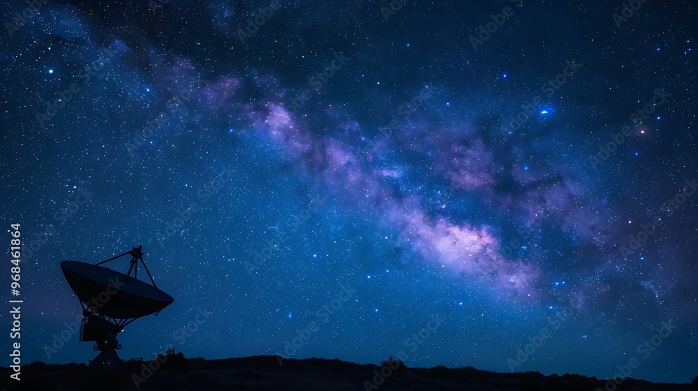 Milky Way galaxy stretching across the night sky above the Very Large Array satellite dish in New Mexico, with the dish silhouetted against the cosmic backdrop Milky Way galaxy stretching across the night sky above the Very Large Array satellite dish in New Mexico, with the dish silhouetted against the cosmic backdrop