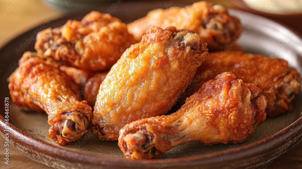 Macro shot of crispy fried chicken wings, golden crust with fine details, served on a rustic plate, crispy fried chicken wings, texture-rich, mouth-watering detail Macro shot of crispy fried chicken wings, golden crust with fine details, served on a rustic plate, crispy fried chicken wings, texture-rich, mouth-watering detail