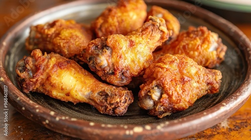 Macro shot of crispy fried chicken wings, golden crust with fine details, served on a rustic plate, crispy fried chicken wings, texture-rich, mouth-watering detail