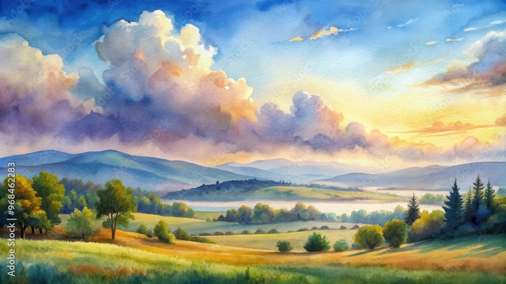 Serene watercolor landscape painting with distant hills and rolling clouds, watercolor, painting, landscape, serene, calm Serene watercolor landscape painting with distant hills and rolling clouds, watercolor, painting, landscape, serene, calm