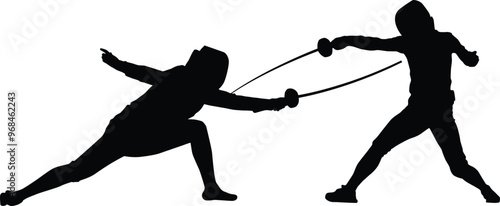 Fencer silhouette illustration. People pose full body while fencing.