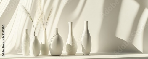 Minimalist white vases on a sunlit shelf