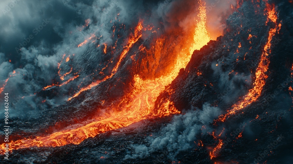 Fototapeta premium Erupting Volcano with Molten Lava Flow and Smoke