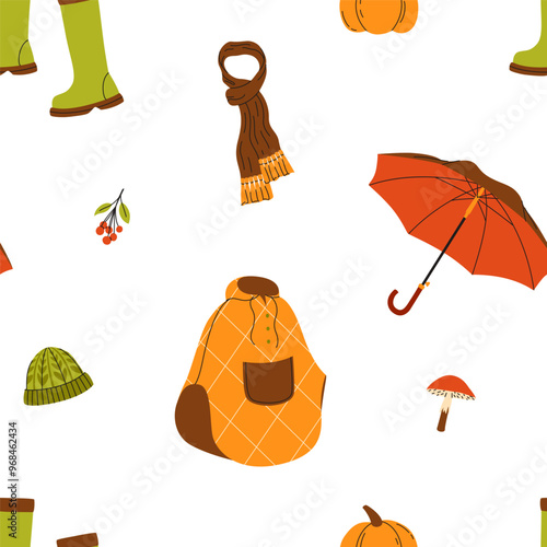 Autumn cozy seamless pattern. Coat, umbrella and rubber boots. Vector illustration. Colorful season collection isolated on a white background