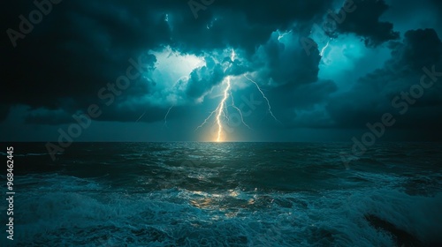 Dramatic Lightning Storm Over Ocean Waves photo