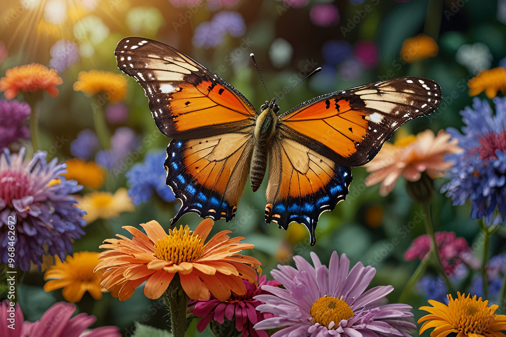 Majestic Butterfly with Vibrant Wings Fluttering Among Colorful Flowers in a Magical Garden Radiating Beauty and Serenity Majestic Butterfly with Vibrant Wings Fluttering Among Colorful Flowers in a Magical Garden Radiating Beauty and Serenity