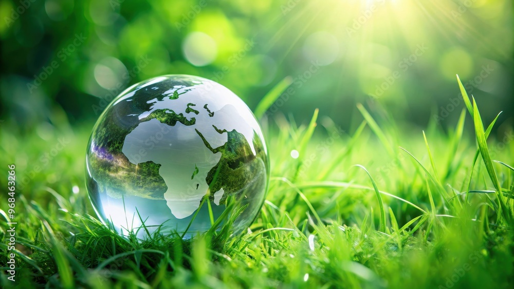 Glass globe symbolizing environmental conservation on green grass field, earth day Glass globe symbolizing environmental conservation on green grass field, earth day
