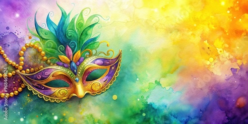 Watercolor background with colorful mardi gras mask , watercolor, background, mardi gras, mask, carnival, festive photo