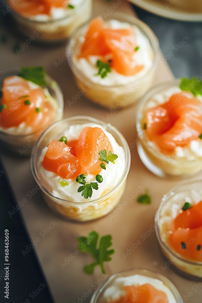 Delicious salmon mousse served in elegant glass cups, topped with fresh herbs, perfect for appetizers or gourmet catering. Delicious salmon mousse served in elegant glass cups, topped with fresh herbs, perfect for appetizers or gourmet catering.