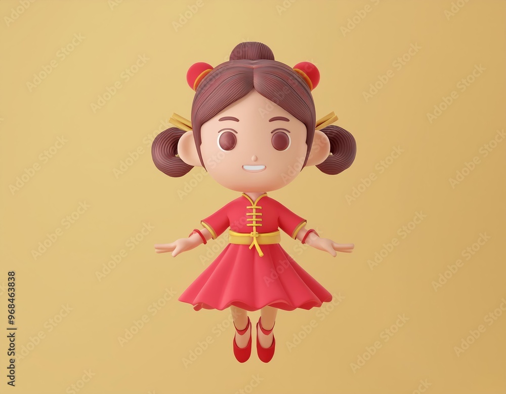 A cartoon girl in a red dress with her arms out welcomes the new year, 3D illustration A cartoon girl in a red dress with her arms out welcomes the new year, 3D illustration