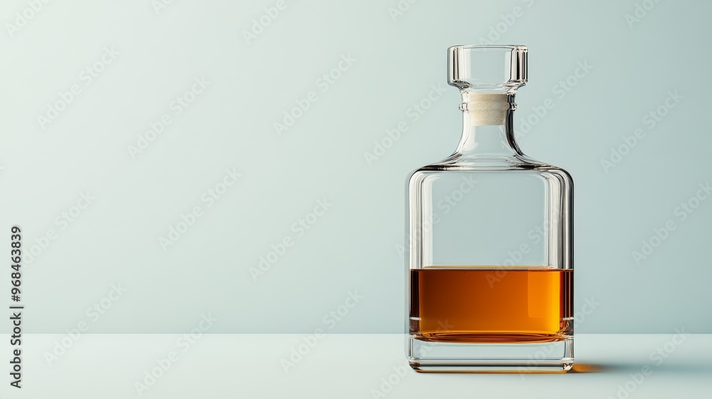 A sophisticated glass decanter with a square body and a stopper, perfect for serving and storing whiskey. The decanter is partially filled with amber liquid, symbolizing luxury, indulgence, and refine A sophisticated glass decanter with a square body and a stopper, perfect for serving and storing whiskey. The decanter is partially filled with amber liquid, symbolizing luxury, indulgence, and refine