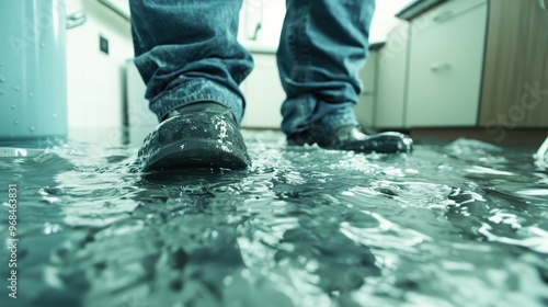 Water Damage in Home Flooded Floor with Ripples and Reflection