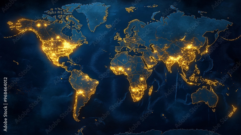 World Map with Illuminated Cities and Continents Blue and Gold Abstract Background
World Map with Illuminated Cities and Continents Blue and Gold Abstract Background