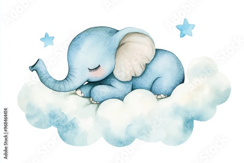 A sweet and adorable watercolor illustration of a little elephant sleeping peacefully on a fluffy white cloud, surrounded by twinkling stars. This image embodies dreams, innocence, and the magic of ch photo