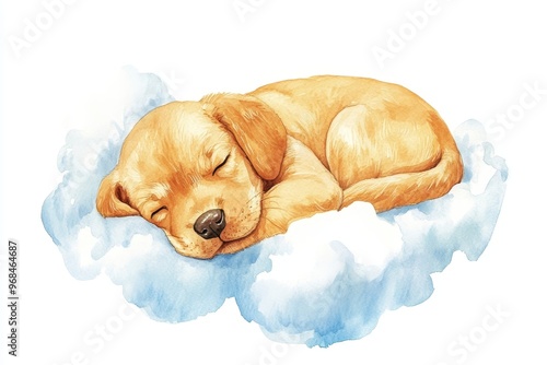 A sweet and heartwarming watercolor illustration of a Labrador Retriever puppy peacefully sleeping on a fluffy white cloud. The puppy is curled up in a ball, with its eyes closed and its paws tucked u photo