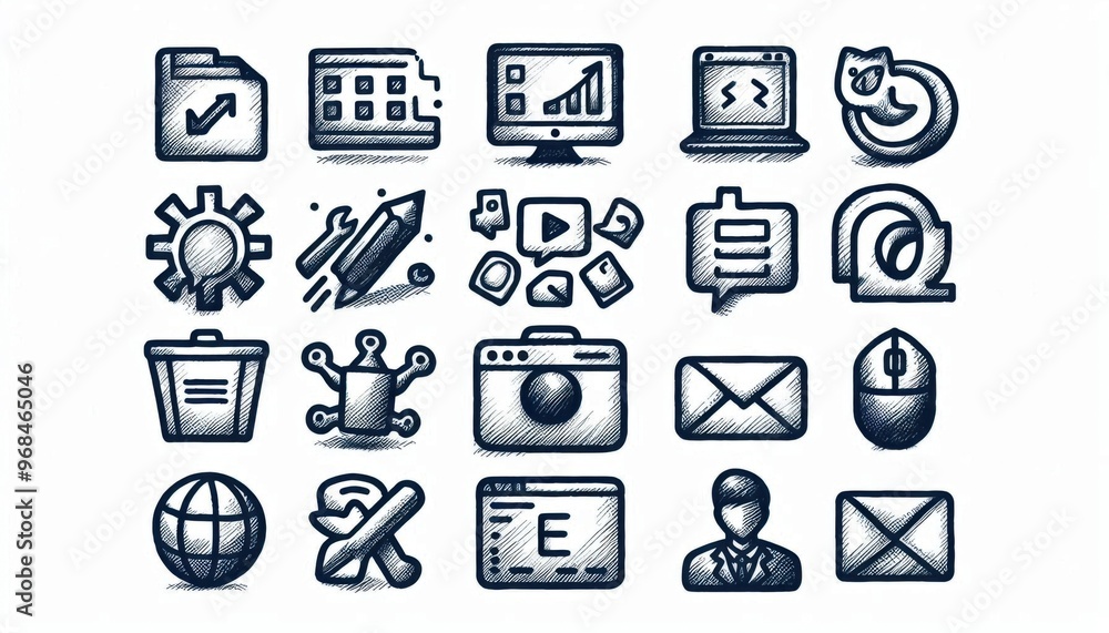 A set of hand-drawn sketch-style icons for a computer, with rough pencil lines and simple shapes, featuring common tools like file management, email, and browser, playful and creative A set of hand-drawn sketch-style icons for a computer, with rough pencil lines and simple shapes, featuring common tools like file management, email, and browser, playful and creative