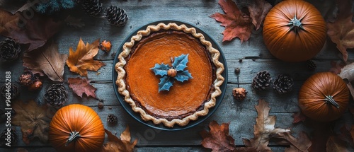 Autumnal Delight: A Cozy Pumpkin Pie Surrounded by Seasonal Splendor