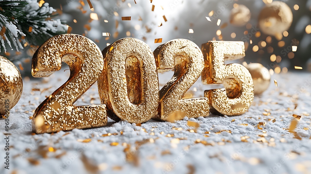 Golden 2025 numerals on snow with confetti and fir branches. Golden 2025 numerals on snow with confetti and fir branches.