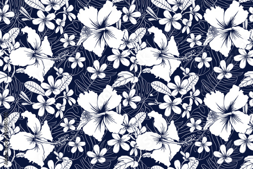 Hibiscus flower aloha Hawaiian tropical seamless  pattern floral abstract background. Vector illustration hand drawing. For Fabric, textiles, clothing, wallpaper, pattern print design.