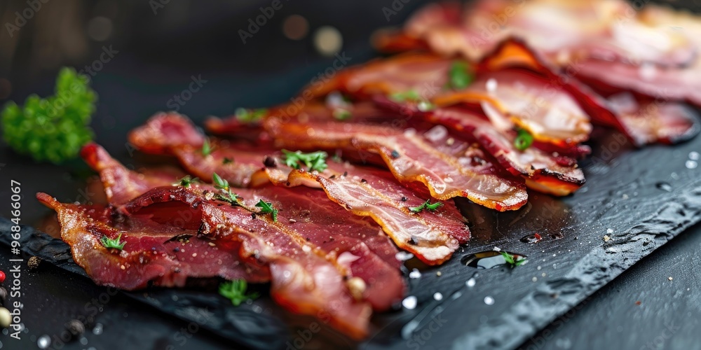Close Up Shot of Thinly Sliced Smoked Bacon on a Sleek Black Slate Cutting Board Close Up Shot of Thinly Sliced Smoked Bacon on a Sleek Black Slate Cutting Board
