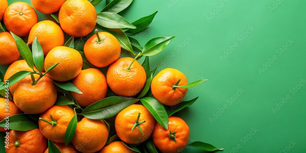 Fresh tangerines with green leaves on a vibrant green background, tangerines, citrus, fruit, healthy, juicy, vitamin C Fresh tangerines with green leaves on a vibrant green background, tangerines, citrus, fruit, healthy, juicy, vitamin C