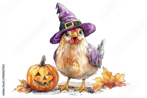 A watercolor illustration of a cute chicken dressed in a witch's hat and a pumpkin. It represents Halloween, autumn, fun, and a playful character. photo