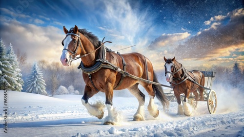 Clydesdale horse pulling a carriage through a snowy landscape, Clydesdale, horse, carriage, snow, winter, transport, cold