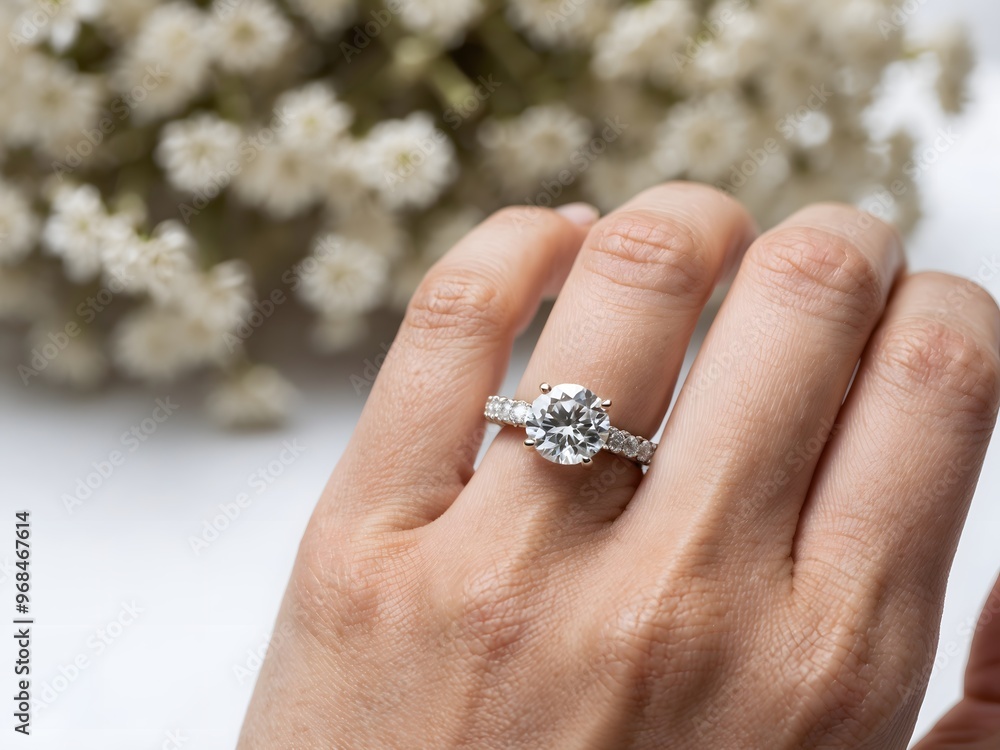 Close up of an elegant diamond ring on woman finger with white flower, sunlight and shadow background. love and wedding concept. Close up of an elegant diamond ring on woman finger with white flower, sunlight and shadow background. love and wedding concept.