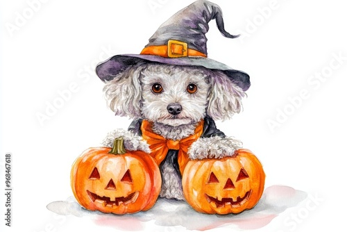 A watercolor illustration of a cute poodle dressed in a witch costume, holding two pumpkins with carved jack-o'-lantern faces. This image evokes themes of Halloween, cuteness, and festivity. photo