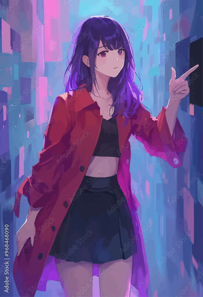 Anime-style character in vibrant cityscape, pointing forward Anime-style character in vibrant cityscape, pointing forward