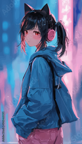 Anime-style character with pink headphones and blue jacket, standing in a vibrant cityscape