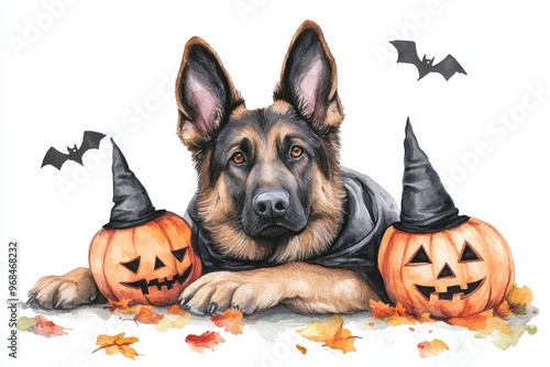 A watercolor illustration of a German Shepherd dog in a witch's hat, with pumpkins and bats. The image symbolizes Halloween, autumn, and the spirit of fun. photo