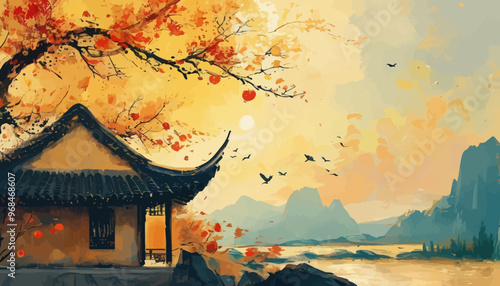 Autumnal Asian Hut by Lake with Birds and Mountains