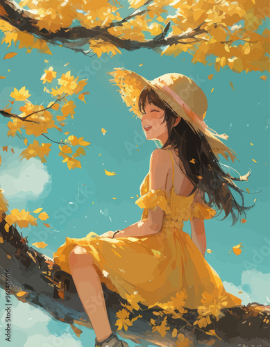 Autumnal Bliss: A Young Woman's Serene Tree-Perching Moment