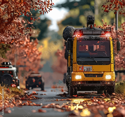 Autumnal Roadside Rescue: Yellow Emergency Vehicle with Lights On