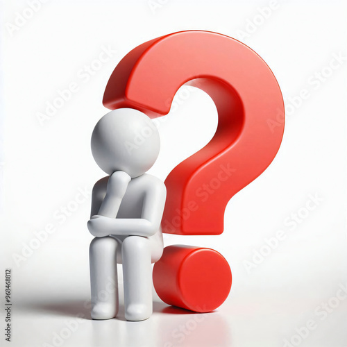 A 3D illustration of a figure sitting in contemplation next to a large red question mark, symbolizing curiosity and questioning in a minimalist design.