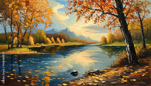 Autumnal Scenery with Reflections on Calm River