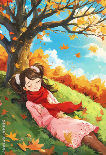 Autumnal Serenity: A Young Girl Napping in a Field of Fall Leaves