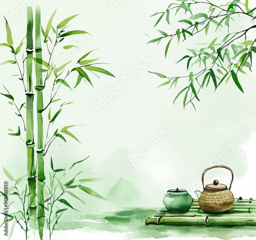 Bamboo Tea Set with Green Tea Pot and Tea Cup on Bambo Sticks