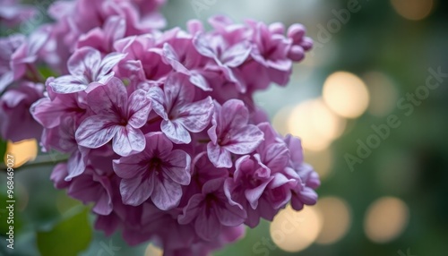 a spray of lilac blooms, emphasizing the intricate details and textures against a backdrop with bokeh lights to enhance the romantic and serene mood