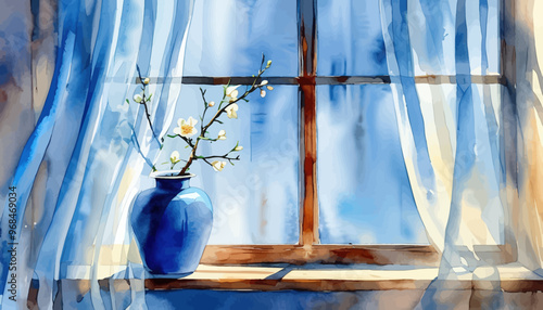 Blossoming Branch in Blue Vase by Window