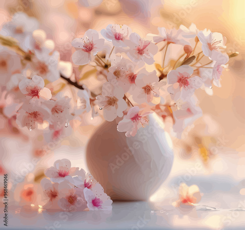 Blossoming Cherry Blossoms in a White Vase