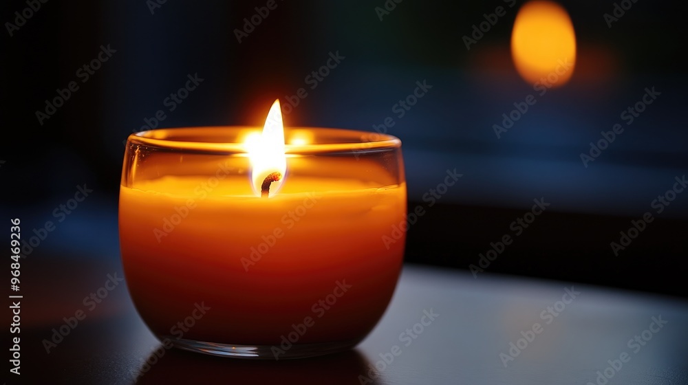 A Single Candle Burning in a Glass Jar on a Table A Single Candle Burning in a Glass Jar on a Table
