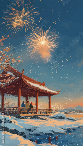 Celebration at the Pavilion: New Year's Eve Fireworks Over a Frozen Lake