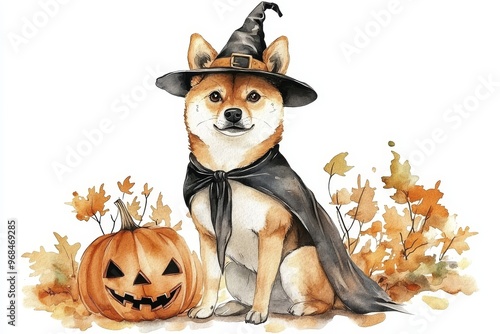 A watercolor illustration of a Shiba Inu dog dressed in a witch costume, sitting with a jack-o-lantern, surrounded by autumn leaves, symbolizing Halloween, cuteness, festivity, and canine companionshi photo