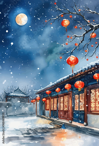 Chinese Lantern Festival: Snowy Night with Traditional Red Lanterns