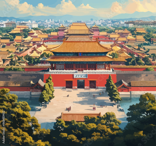 Chinese Imperial Palace Complex with Traditional Architecture and People